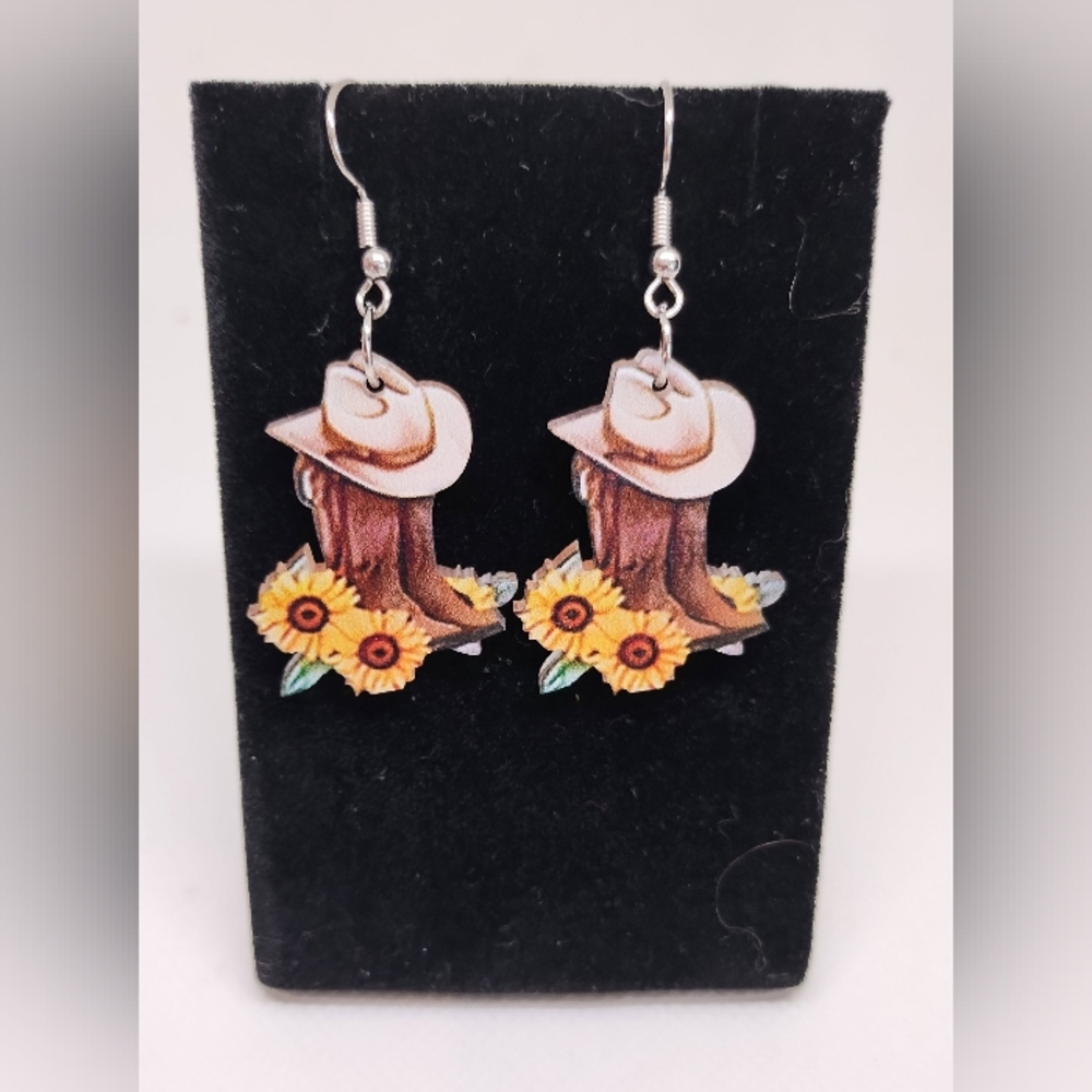 Earrings Western Cowboy Boots Hatā Sunflower Dangle New F68